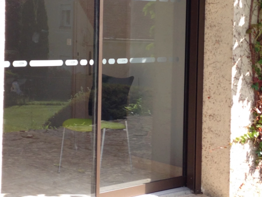 Porte automatique coulissante en verre et aluminium bronze satiné, façade avec lierre à Caen