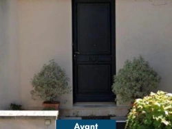 Porte d'entrée sombre à panneaux avant remplacement Bel'M, entrée résidentielle rénovée par AFC